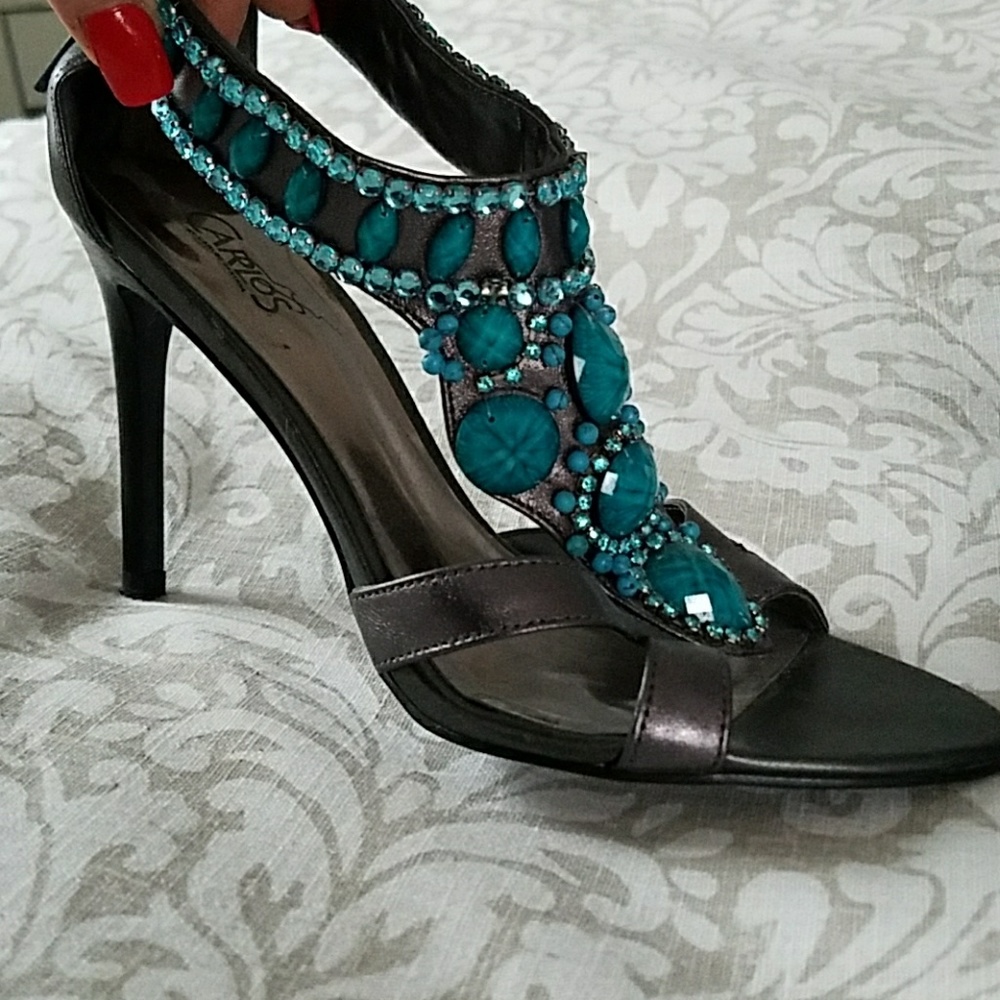 Silver and turquoise stone embellished heels